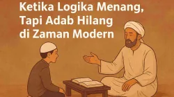 Ilustrasi santri dan kiai sedang belajar dengan penuh adab di pesantren, menggambarkan nilai akhlak dan kebijaksanaan di tengah tantangan logika modern.