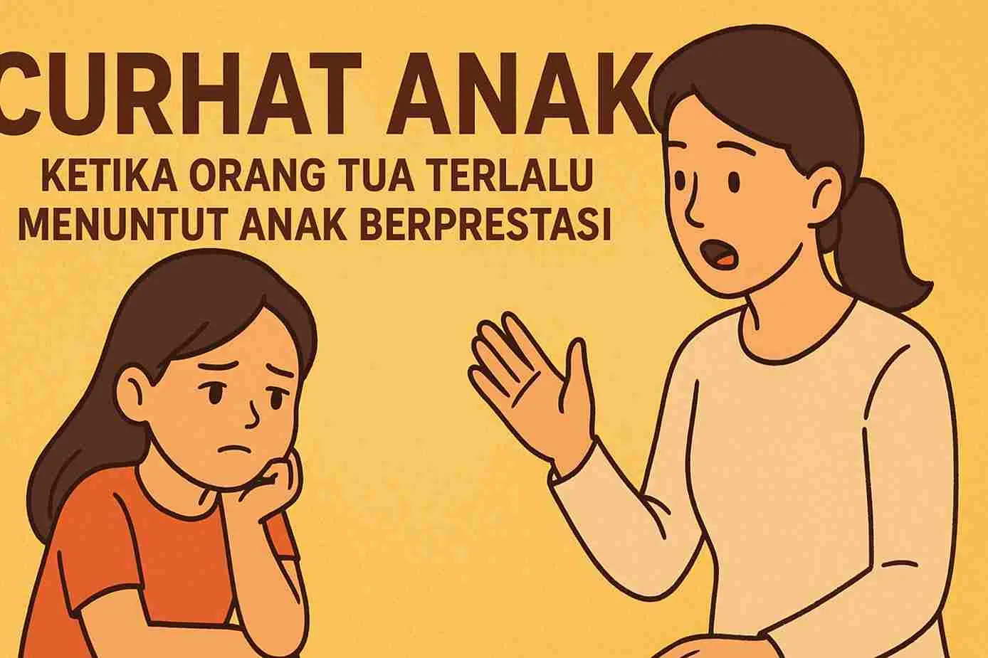 Ilustrasi seorang ibu sedang menasihati anaknya yang tampak sedih, menggambarkan tekanan orang tua yang terlalu menuntut anak berprestasi.