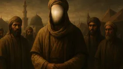 Ilustrasi sahabat Nabi Ali bin Abi Thalib dengan wajah disamarkan, memakai pakaian Arab klasik di tengah suasana Madinah kuno bersama para sahabat.