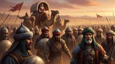 Ilustrasi Perang Jamal, pasukan Islam dengan Aisyah radhiallahu anha di atas unta, menggambarkan fitnah besar di masa kepemimpinan Ali bin Abi Thalib.