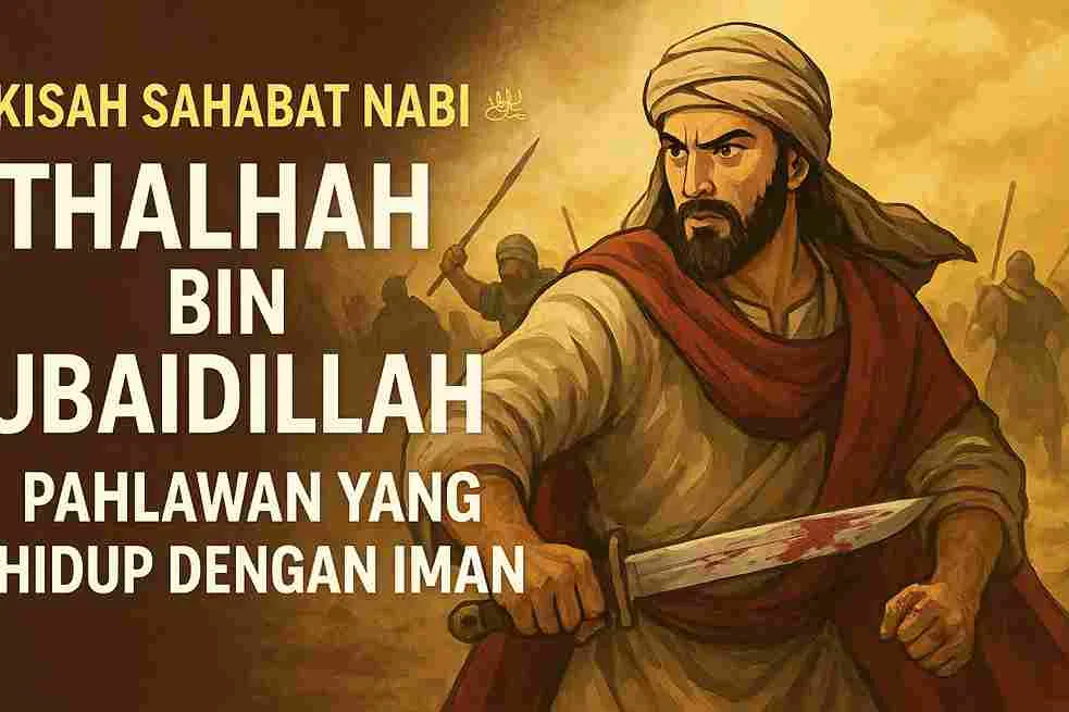 Ilustrasi Thalhah bin Ubaidillah, sahabat Nabi ﷺ yang gagah berani di medan perang dengan pedang terhunus dan sorban merah, menggambarkan keberanian dan keimanan yang kuat.