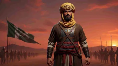 Ilustrasi Zubair bin Awwam, sahabat Nabi ﷺ yang gagah berani memimpin pasukan muslim di medan perang dengan latar bendera Islam dan matahari terbenam.