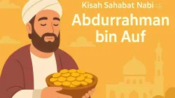 Ilustrasi animasi Abdurrahman bin Auf memegang mangkuk berisi koin emas dengan latar masjid dan langit berwarna keemasan.