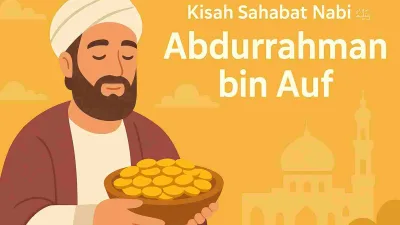 Ilustrasi animasi Abdurrahman bin Auf memegang mangkuk berisi koin emas dengan latar masjid dan langit berwarna keemasan.