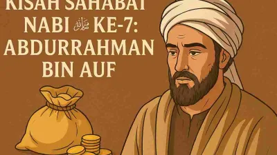 Ilustrasi Abdurrahman bin Auf, sahabat Nabi ﷺ, memakai sorban putih dan jubah cokelat, dengan latar karung emas dan koin, menggambarkan kedermawanannya.