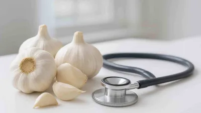 Bawang putih dan stetoskop di meja dokter melambangkan manfaat alami bawang putih untuk kesehatan jantung dan gula darah.