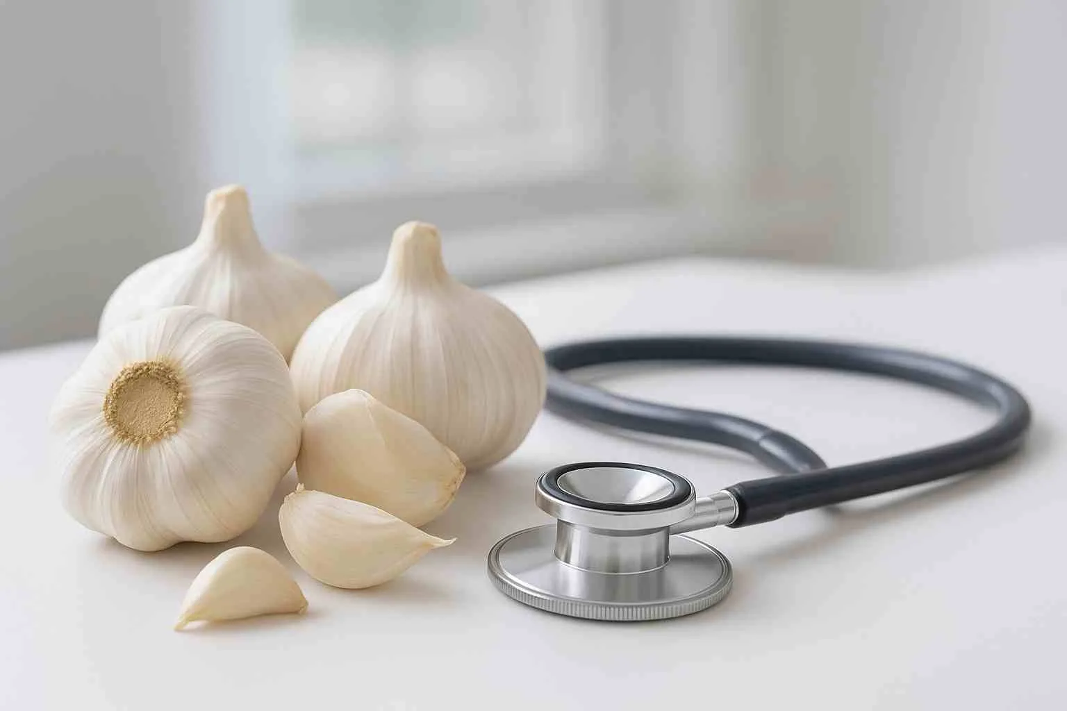 Bawang putih dan stetoskop di meja dokter melambangkan manfaat alami bawang putih untuk kesehatan jantung dan gula darah.