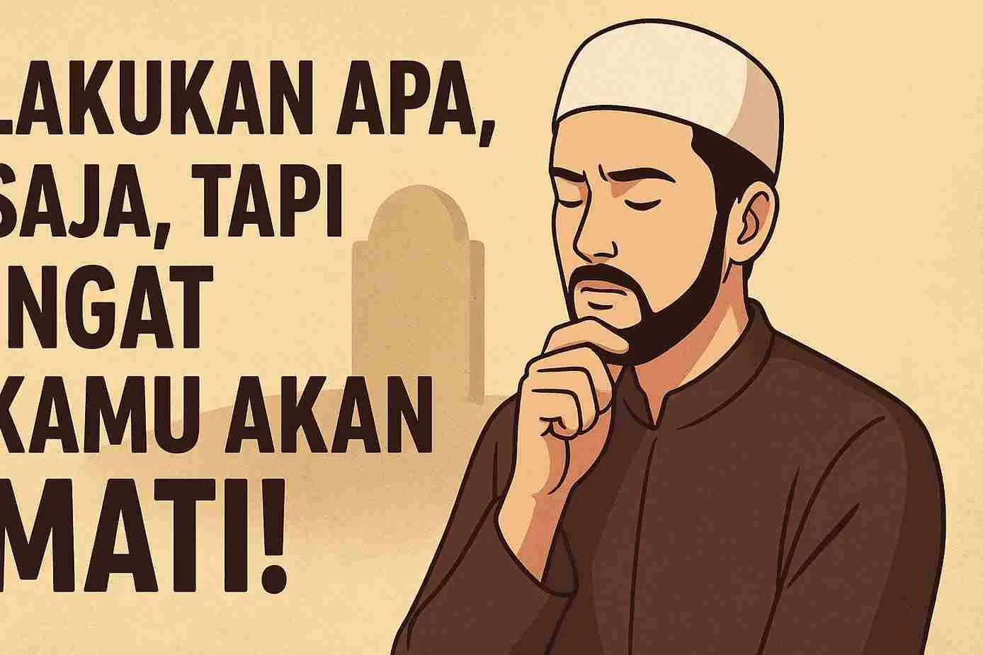 Ilustrasi seorang pria muslim sedang merenung dengan tulisan besar “Lakukan Apa Saja, Tapi Ingat Kamu Akan Mati!” sebagai pengingat kematian dan makna hidup dalam Islam.