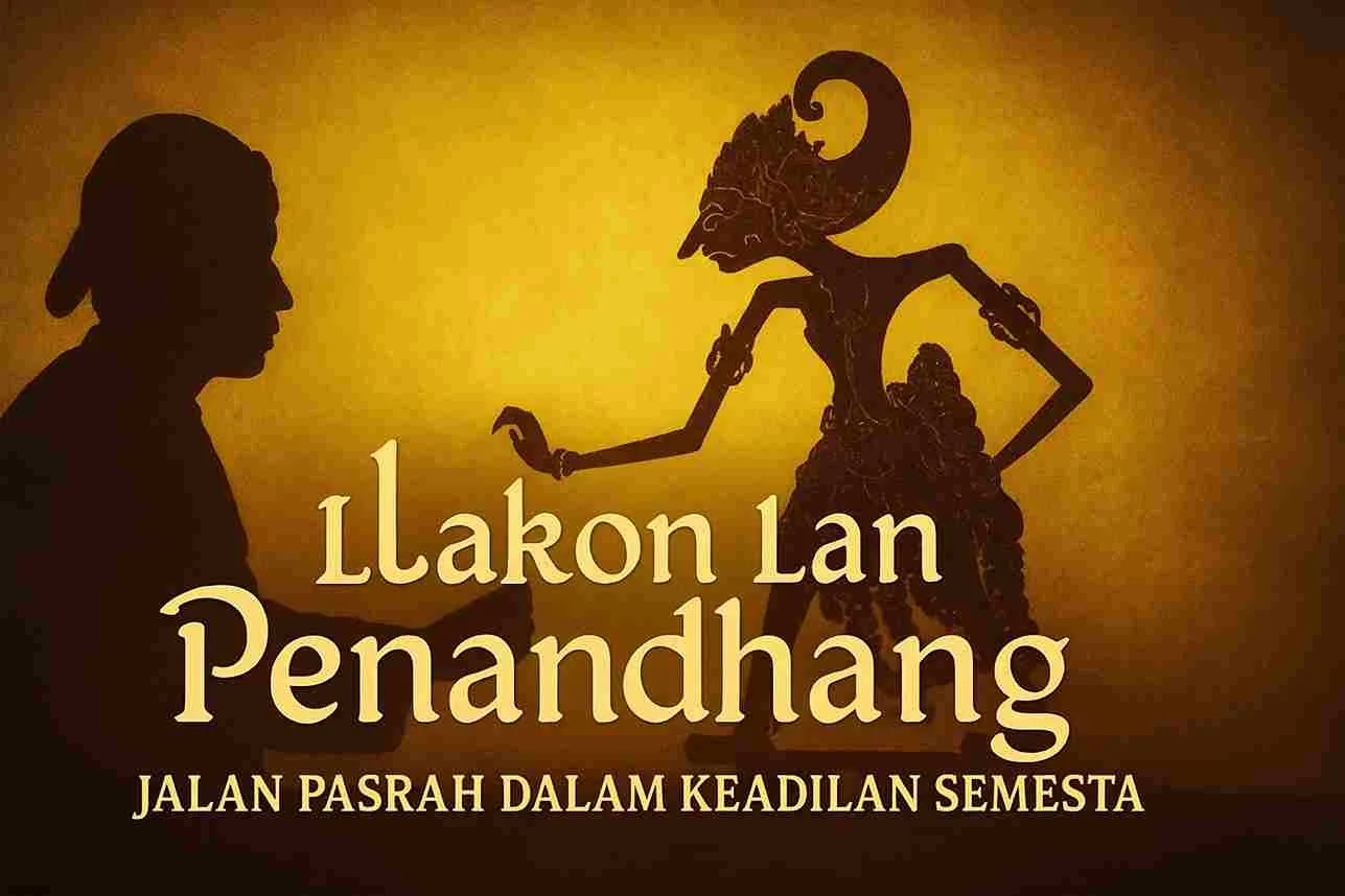 “Ilustrasi dalang dan wayang kulit dalam cahaya temaram keemasan dengan teks ‘Lelakon Lan Penandhang: Jalan Pasrah dalam Keadilan Semesta’, menggambarkan filosofi Jawa tentang pasrah dan keadilan hidup.”