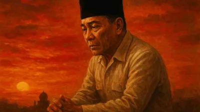 Lukisan Bung Karno menjelang akhir hayat, duduk merenung di bawah langit senja merah, menggambarkan keteguhan dan cinta tanah air.