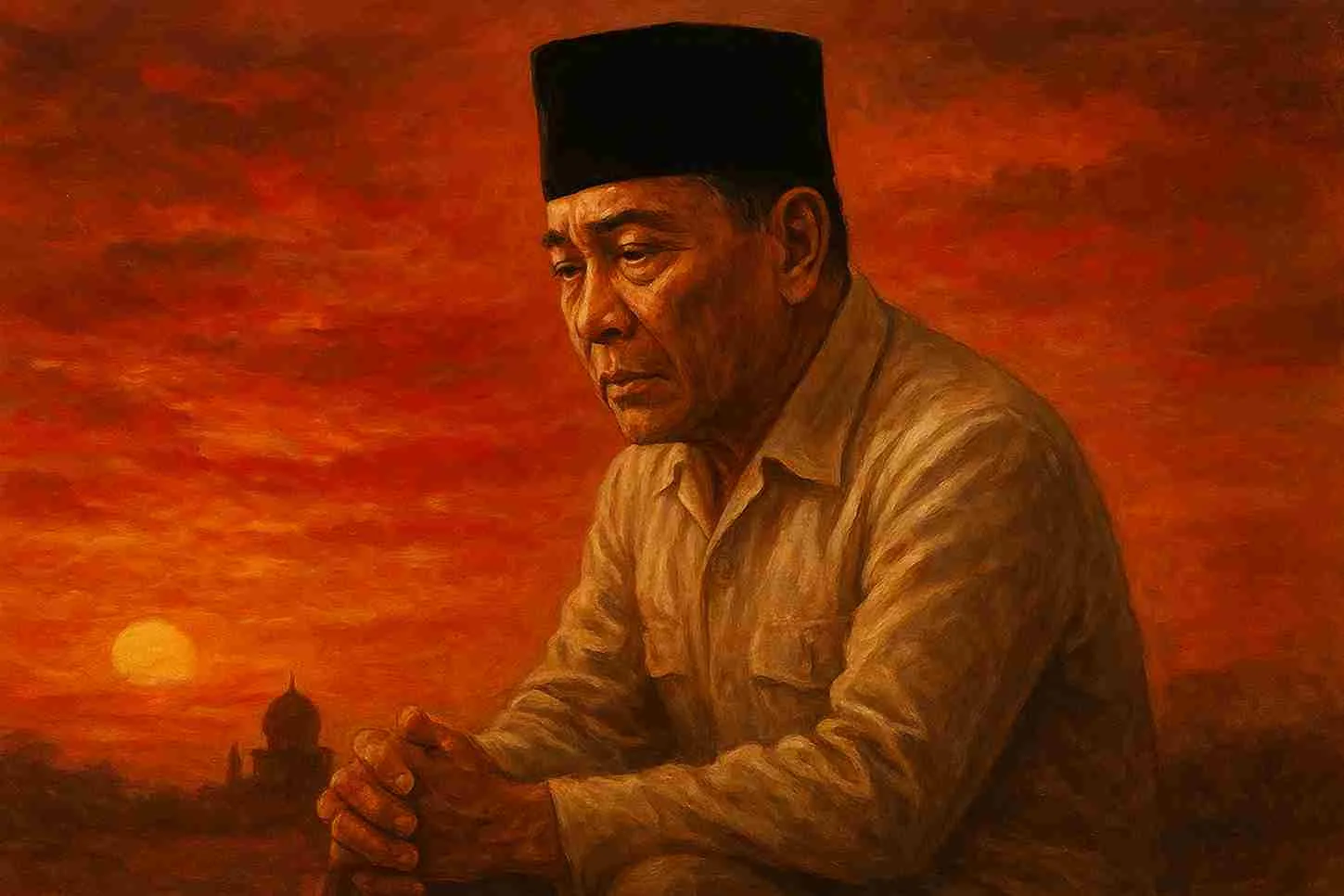 Lukisan Bung Karno menjelang akhir hayat, duduk merenung di bawah langit senja merah, menggambarkan keteguhan dan cinta tanah air.