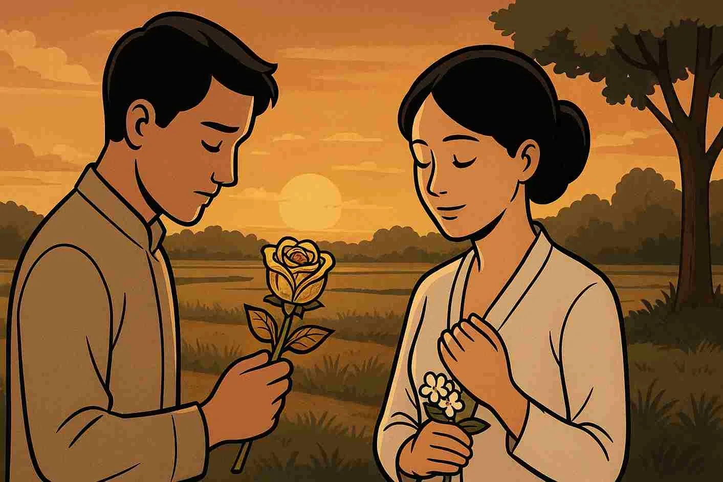 Ilustrasi karikatur sepasang kekasih di senja pedesaan Jawa, pria memegang mawar emas dan wanita membawa bunga melati, berlatar sawah dan matahari terbenam.