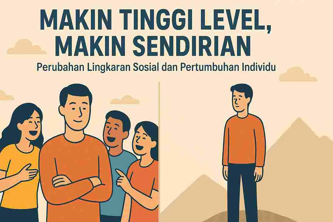 Ilustrasi perubahan lingkaran sosial: dari ramai bersama teman menjadi sendirian di puncak sebagai simbol pertumbuhan individu.