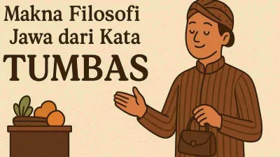 Ilustrasi pria Jawa memakai blangkon dan baju lurik sedang menawarkan barang di pasar dengan tulisan “Makna Filosofi Jawa dari Kata Tumbas” di sampingnya.