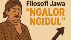 Ilustrasi pria Jawa mengenakan blangkon dan batik sedang berpikir dengan tulisan “Filosofi Jawa Ngalor Ngidul” di latar belakang.