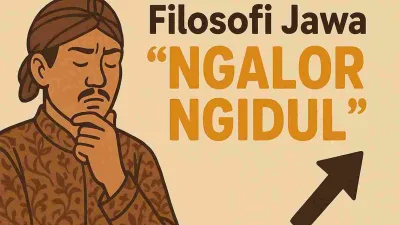 Ilustrasi pria Jawa mengenakan blangkon dan batik sedang berpikir dengan tulisan “Filosofi Jawa Ngalor Ngidul” di latar belakang.