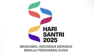 Logo Hari Santri 2025 dengan pita warna-warni dan tulisan “Mengawal Indonesia Merdeka Menuju Peradaban Dunia”.