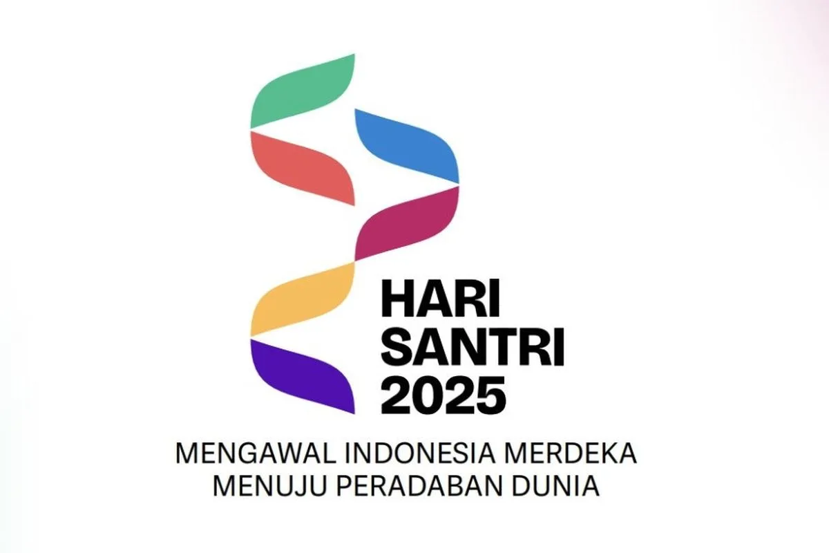 Logo Hari Santri 2025 dengan pita warna-warni dan tulisan “Mengawal Indonesia Merdeka Menuju Peradaban Dunia”.