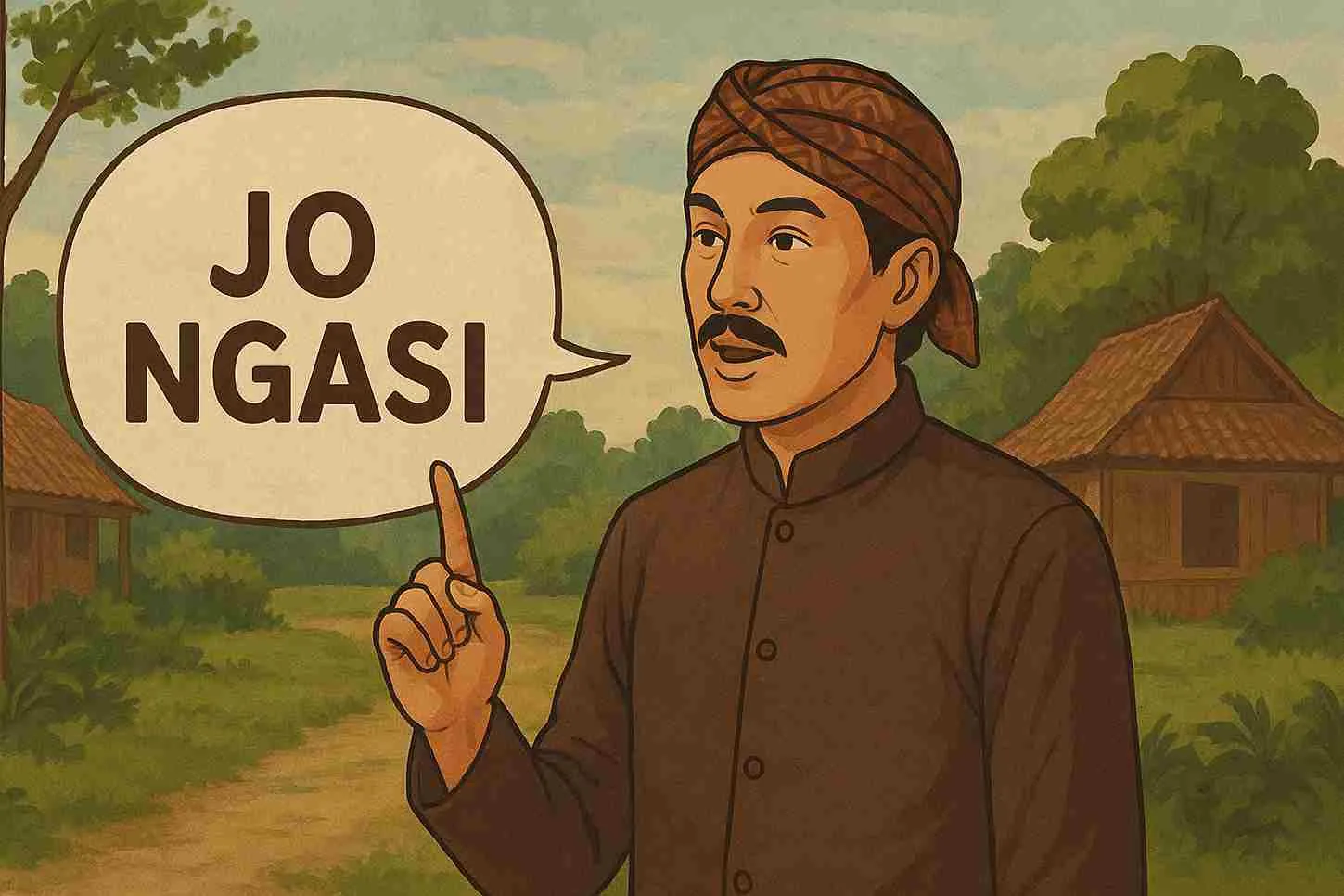 Ilustrasi pria Jawa memakai blangkon dan beskap tradisional mengangkat jari dengan ucapan “Jo Ngasi” di pedesaan Jawa.