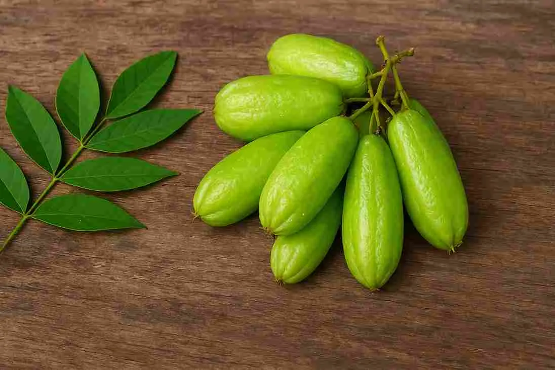 Buah belimbing wuluh segar berwarna hijau bersama daun di atas alas kayu.