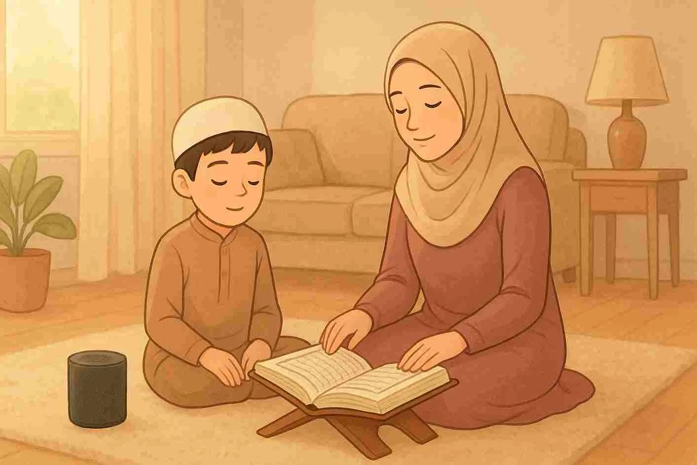 anak mendengarkan bacaan al-qur’an bersama ibu di rumah, parenting islami, keluarga muslim bahagia