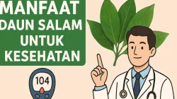 Ilustrasi dokter menjelaskan manfaat daun salam untuk kesehatan dengan latar daun hijau dan alat pengukur gula darah.