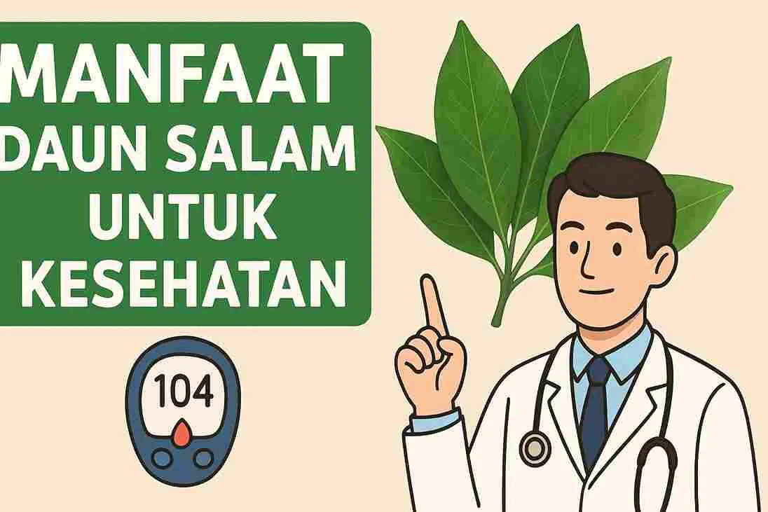 Ilustrasi dokter menjelaskan manfaat daun salam untuk kesehatan dengan latar daun hijau dan alat pengukur gula darah.