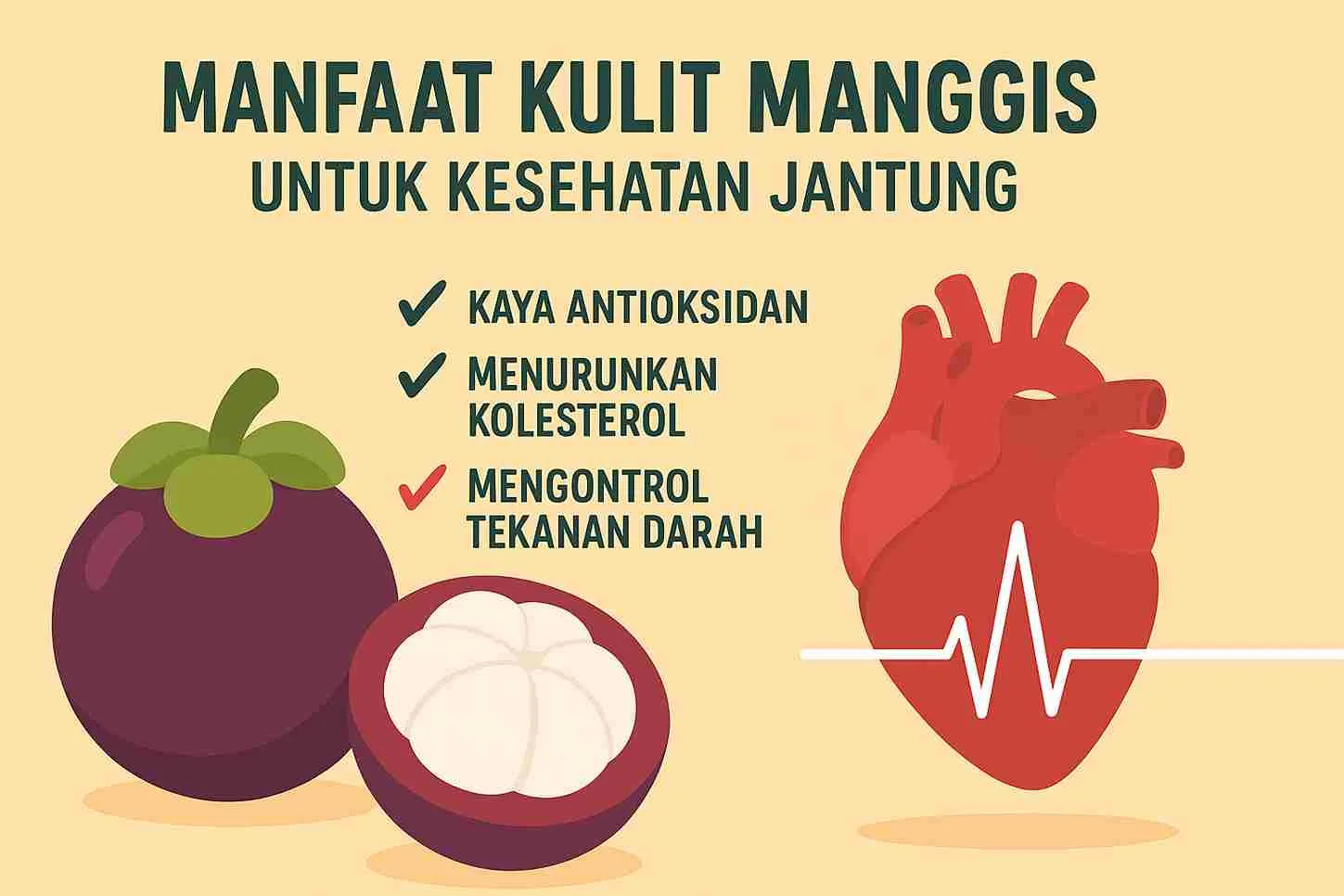 Ilustrasi manfaat kulit manggis untuk kesehatan jantung, menampilkan buah manggis, ikon jantung, dan poin utama seperti kaya antioksidan, menurunkan kolesterol, serta mengontrol tekanan darah.