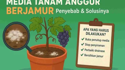Ilustrasi edukatif media tanam anggur berjamur dengan pot anggur, pembesaran jamur pada tanah, dan daftar solusi perawatan.