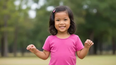 Anak perempuan kecil tersenyum ceria di taman, mengenakan kaos berwarna pink, menunjukkan ekspresi aktif dan percaya diri.