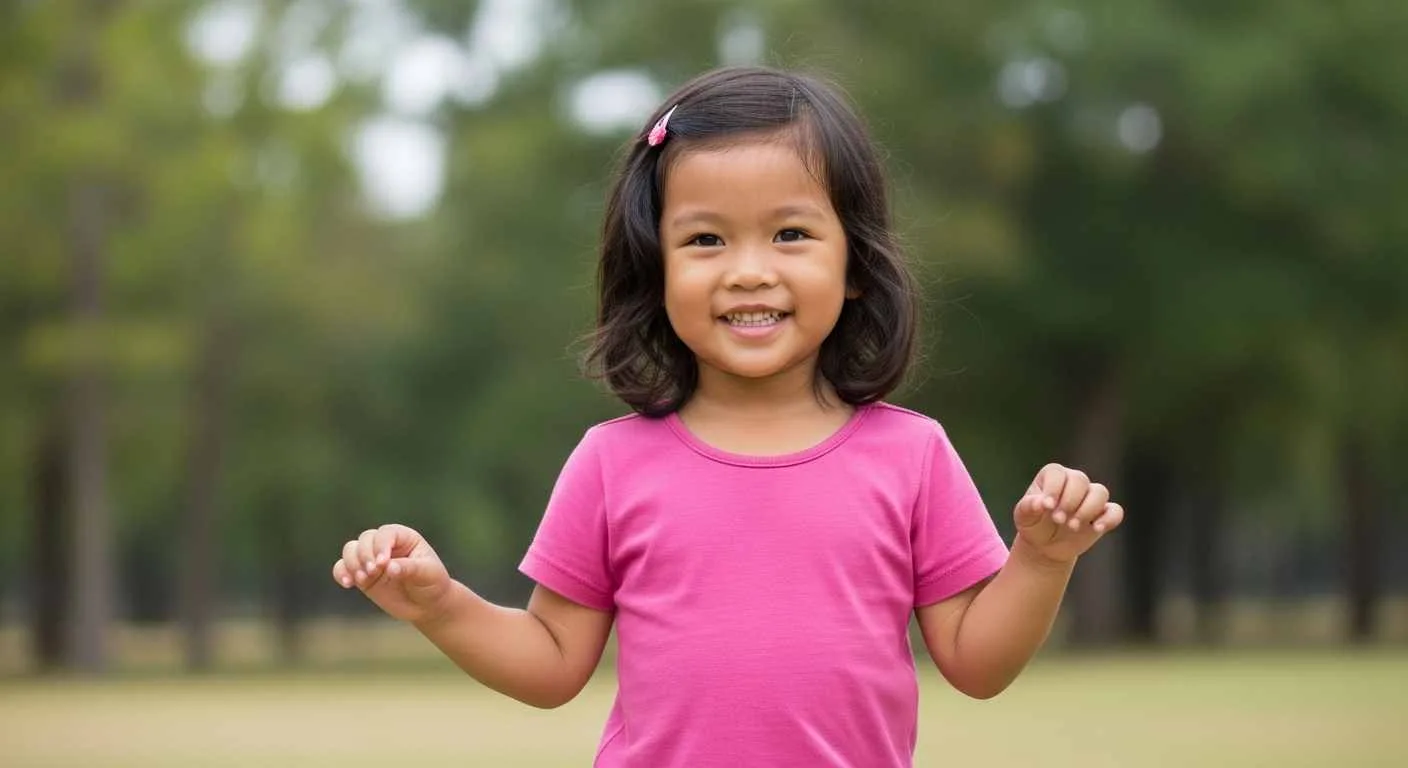 Anak perempuan kecil tersenyum ceria di taman, mengenakan kaos berwarna pink, menunjukkan ekspresi aktif dan percaya diri.