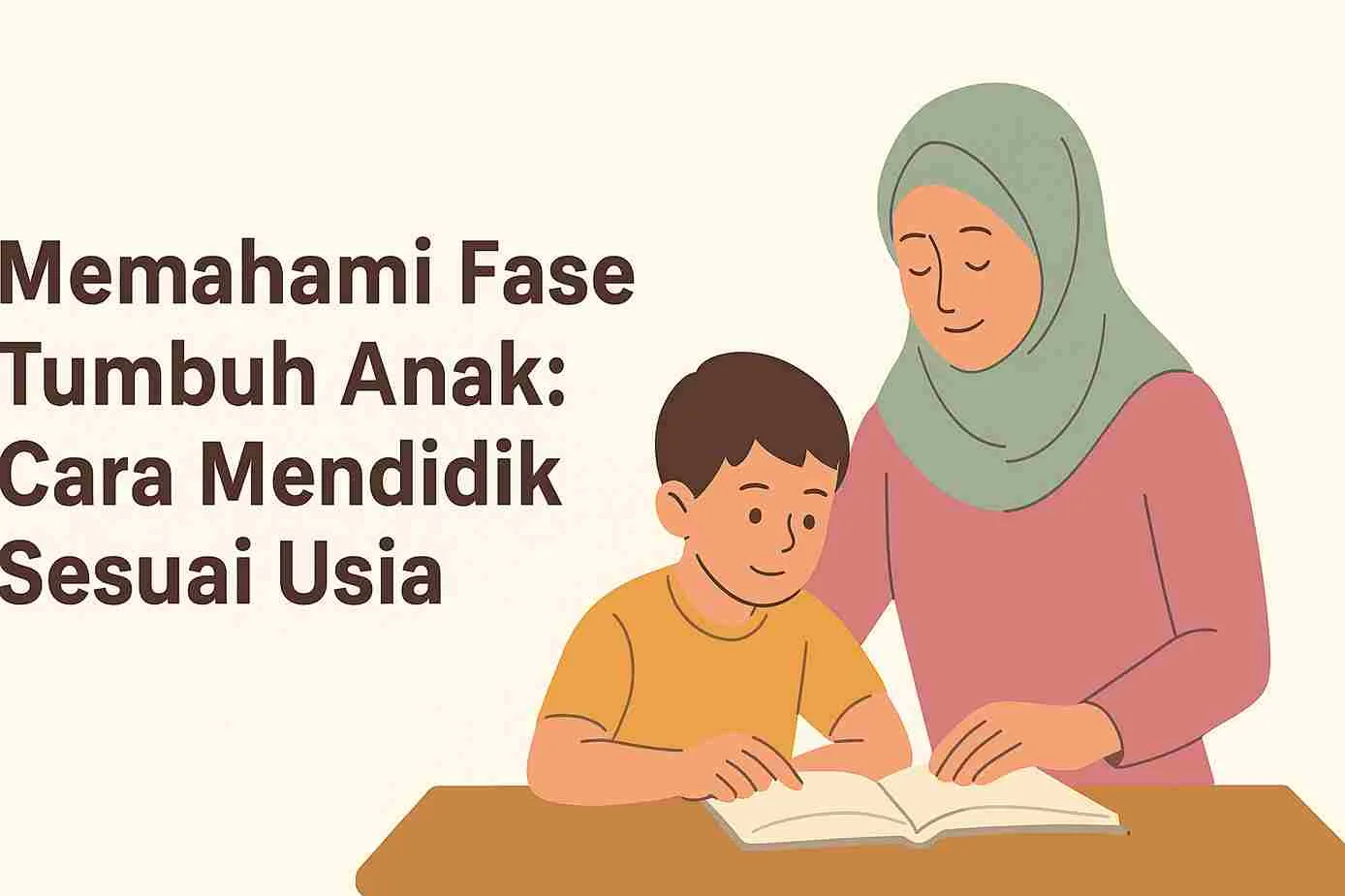 Ilustrasi ibu berhijab sedang membimbing anak laki-lakinya belajar di meja dengan latar tulisan “Memahami Fase Tumbuh Anak: Cara Mendidik Sesuai Usia”.