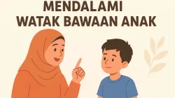 Ilustrasi ibu berhijab berbicara lembut dengan anak laki-lakinya dalam suasana hangat, menggambarkan proses memahami watak bawaan anak.