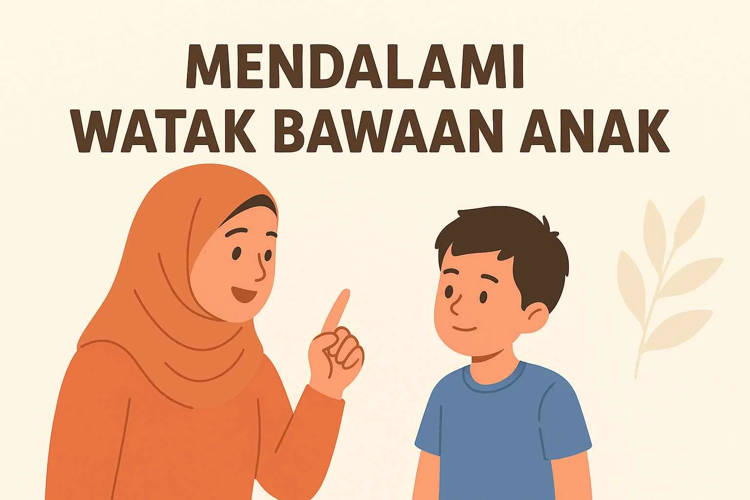 Ilustrasi ibu berhijab berbicara lembut dengan anak laki-lakinya dalam suasana hangat, menggambarkan proses memahami watak bawaan anak.