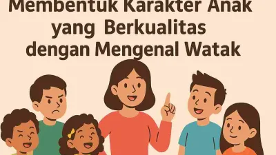 Ilustrasi ibu sedang menjelaskan kepada empat anak dengan ekspresi dan karakter berbeda, mewakili berbagai watak anak, disertai teks “Membentuk Karakter Anak yang Berkualitas dengan Mengenal Watak.”