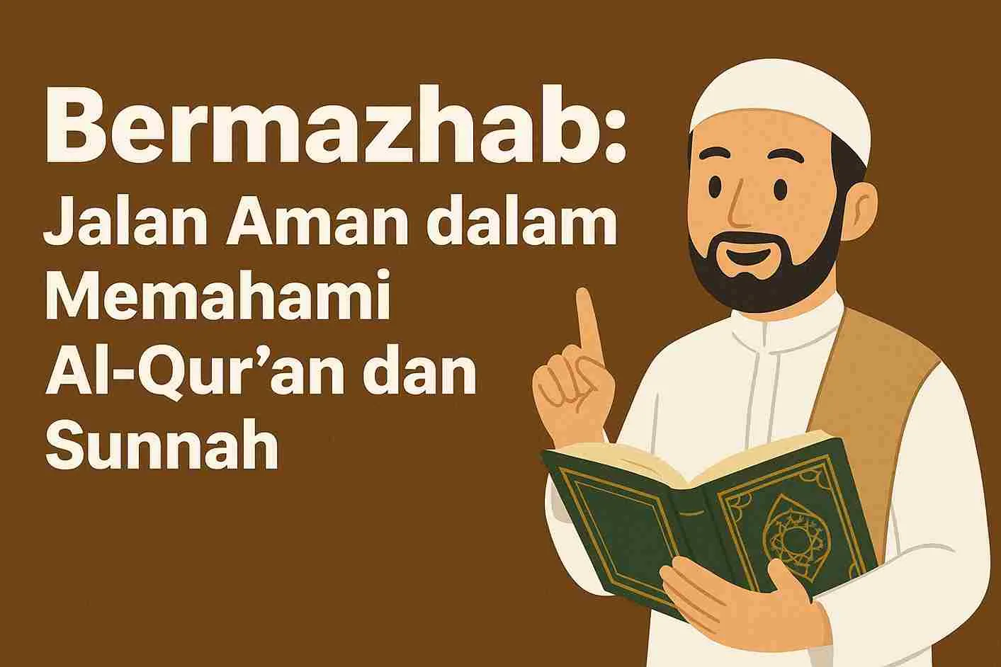 Ilustrasi seorang ulama Muslim tersenyum sambil memegang Al-Qur’an terbuka, dengan teks “Bermazhab: Jalan Aman dalam Memahami Al-Qur’an dan Sunnah” di latar belakang cokelat.