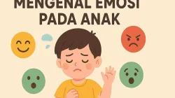 Ilustrasi anak kecil dengan ekspresi sedih dikelilingi empat emotikon emosi—senang, marah, takut, dan terkejut—dengan tulisan “Mengenal Emosi pada Anak”.