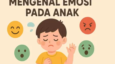 Ilustrasi anak kecil dengan ekspresi sedih dikelilingi empat emotikon emosi—senang, marah, takut, dan terkejut—dengan tulisan “Mengenal Emosi pada Anak”.