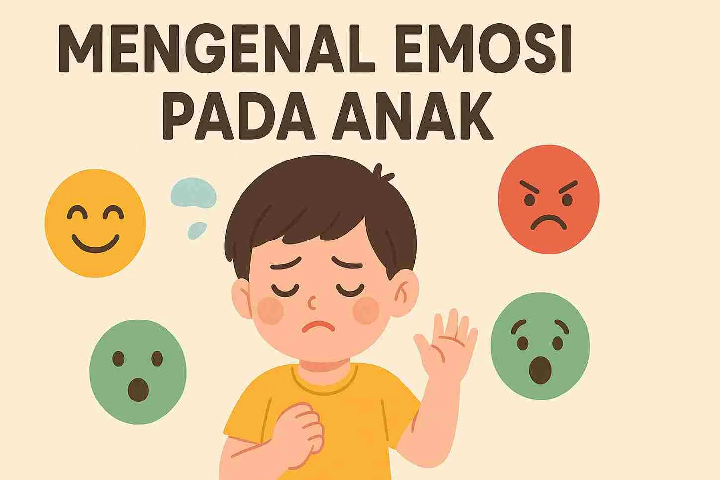 Ilustrasi anak kecil dengan ekspresi sedih dikelilingi empat emotikon emosi—senang, marah, takut, dan terkejut—dengan tulisan “Mengenal Emosi pada Anak”.