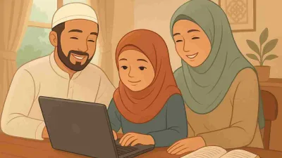 Keluarga muslim mendampingi anak belajar bijak menggunakan teknologi dengan nilai Islami di rumah.