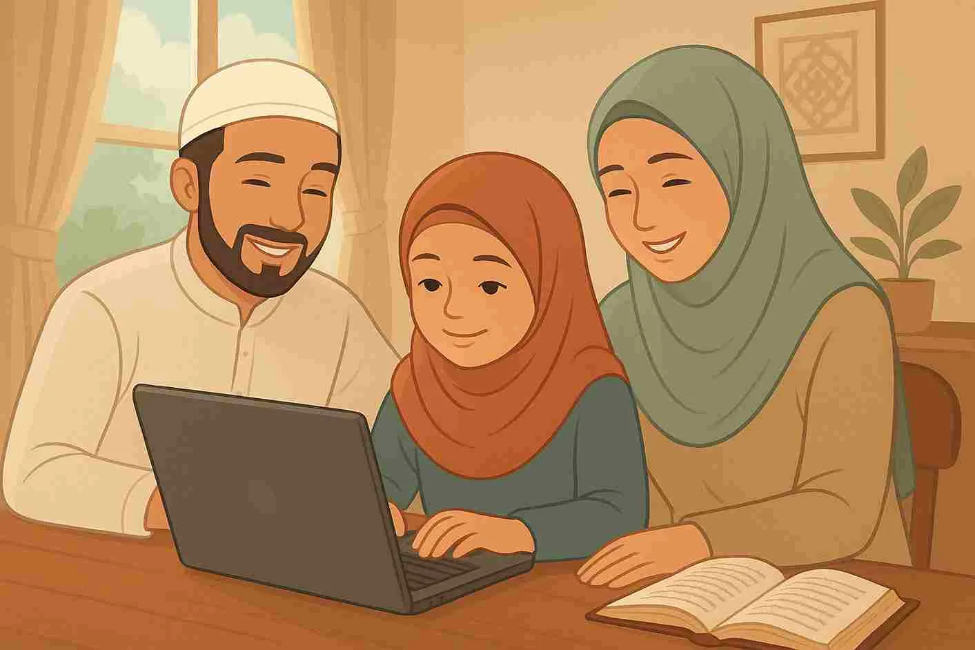 Keluarga muslim mendampingi anak belajar bijak menggunakan teknologi dengan nilai Islami di rumah.