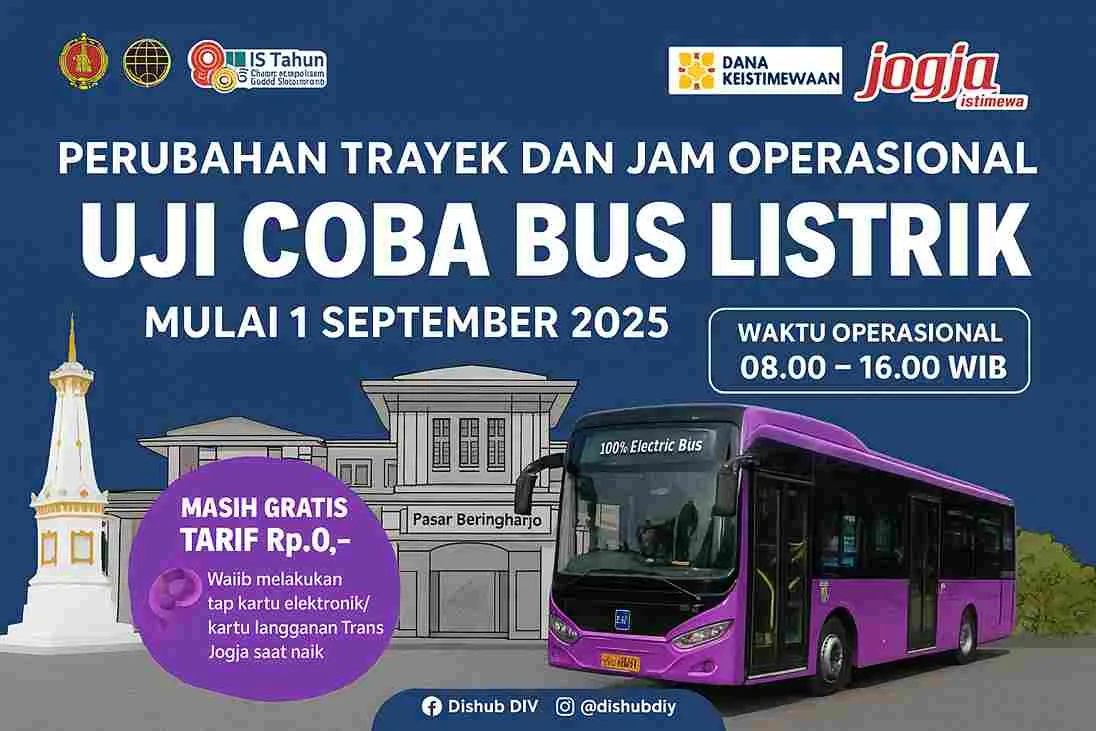 Poster pengumuman uji coba bus listrik TransJogja mulai 1 September 2025 dengan trayek dan jam operasional baru, serta tarif gratis.