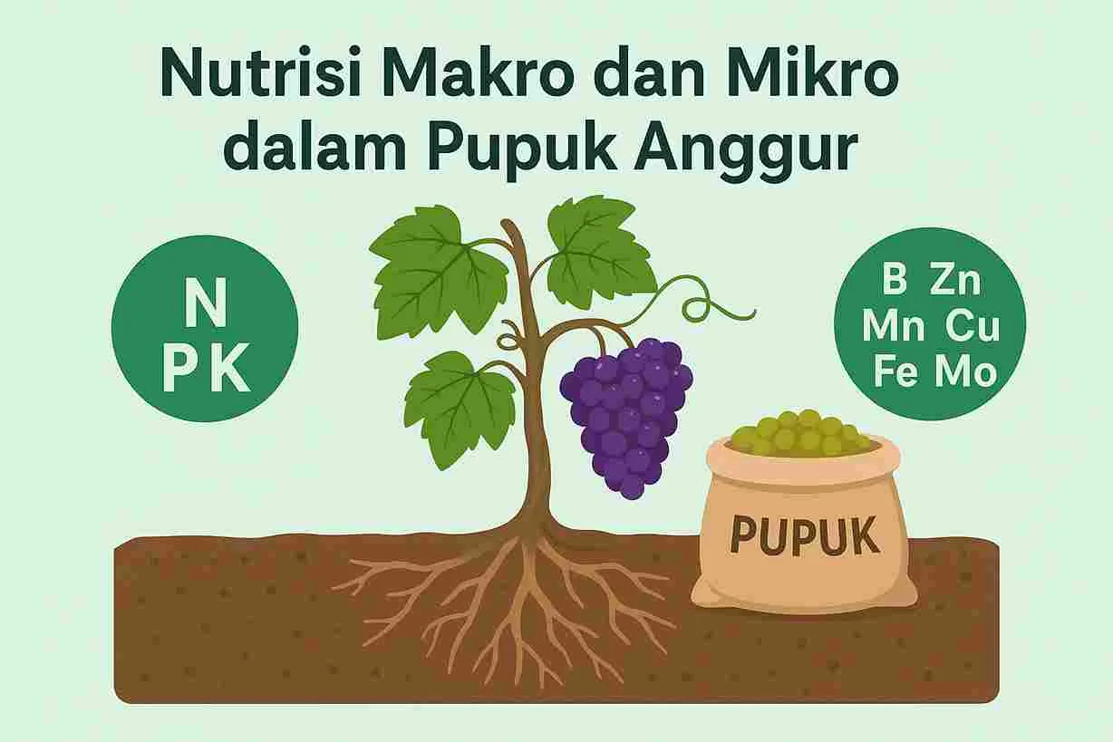Ilustrasi pohon anggur sehat dengan akar kuat, daun hijau, dan buah ungu, dikelilingi simbol nutrisi makro dan mikro dari pupuk.