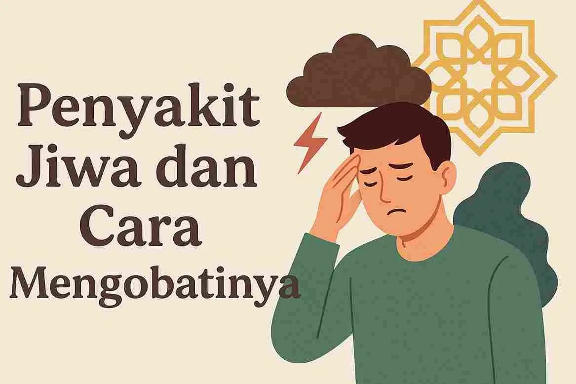 Ilustrasi seorang pria tampak gelisah dengan awan gelap di atas kepala, menggambarkan penyakit jiwa dan cara mengobatinya dalam pandangan Islam.