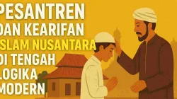 Ilustrasi kyai menepuk lembut kepala santri di halaman pesantren dengan latar masjid dan nuansa hangat warna kuning keemasan, melambangkan kearifan Islam Nusantara.