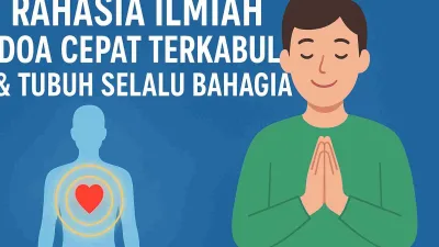Ilustrasi manusia berdoa dengan hati bercahaya, menggambarkan hubungan energi spiritual tubuh dan kekuatan doa yang cepat terkabul.
