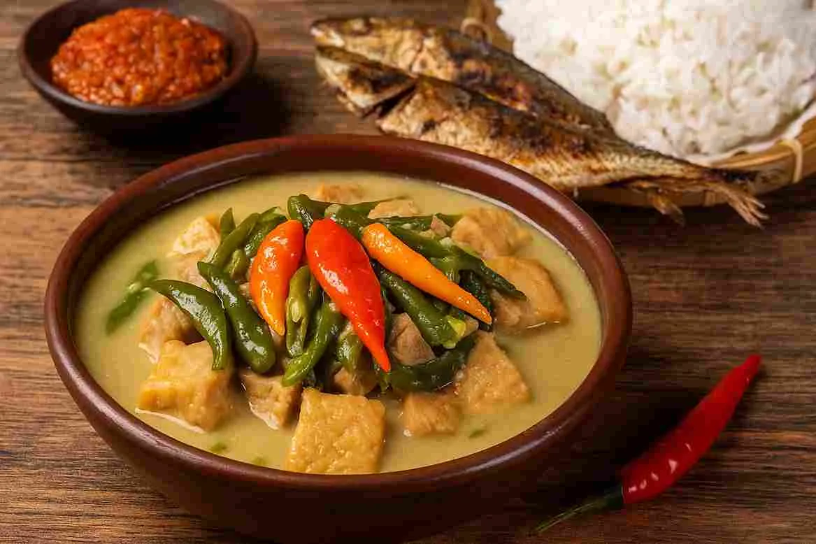 Semangkuk lodeh tahu tempe lombok ijo dengan kuah santan kental dan cabai hijau segar, disajikan bersama nasi putih, sambal, dan ikan asin khas masakan Jawa.
