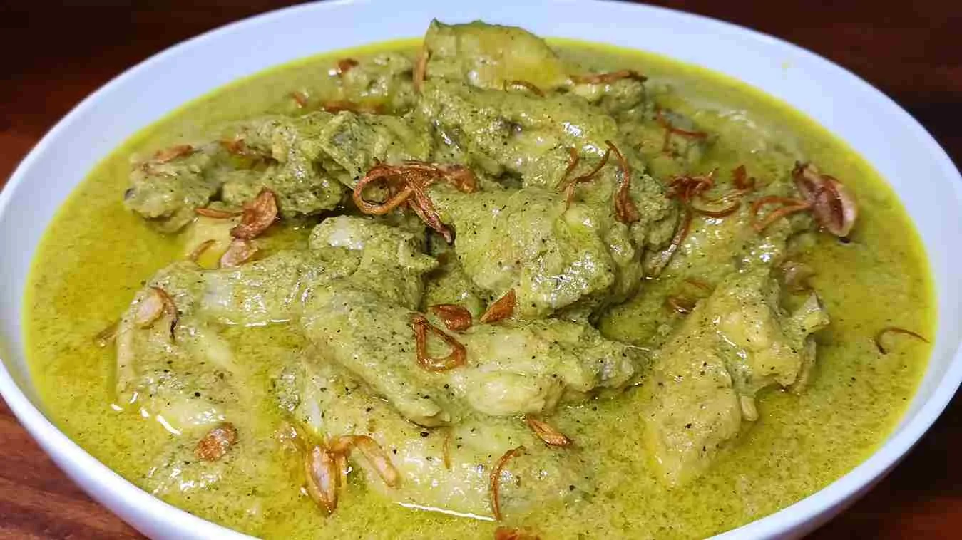 Semangkuk opor ayam kuah santan kuning gurih dengan taburan bawang goreng di atasnya, tampak lezat dan menggugah selera.