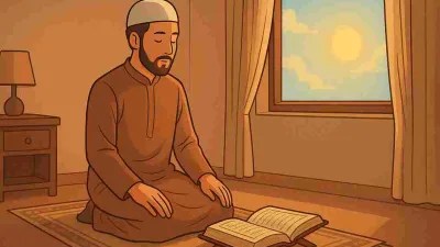Seorang muslim tengah bersujud di atas sajadah dalam cahaya lembut pagi hari, menggambarkan ketenangan hati saat menghadapi ujian hidup melalui salat dan sabar.