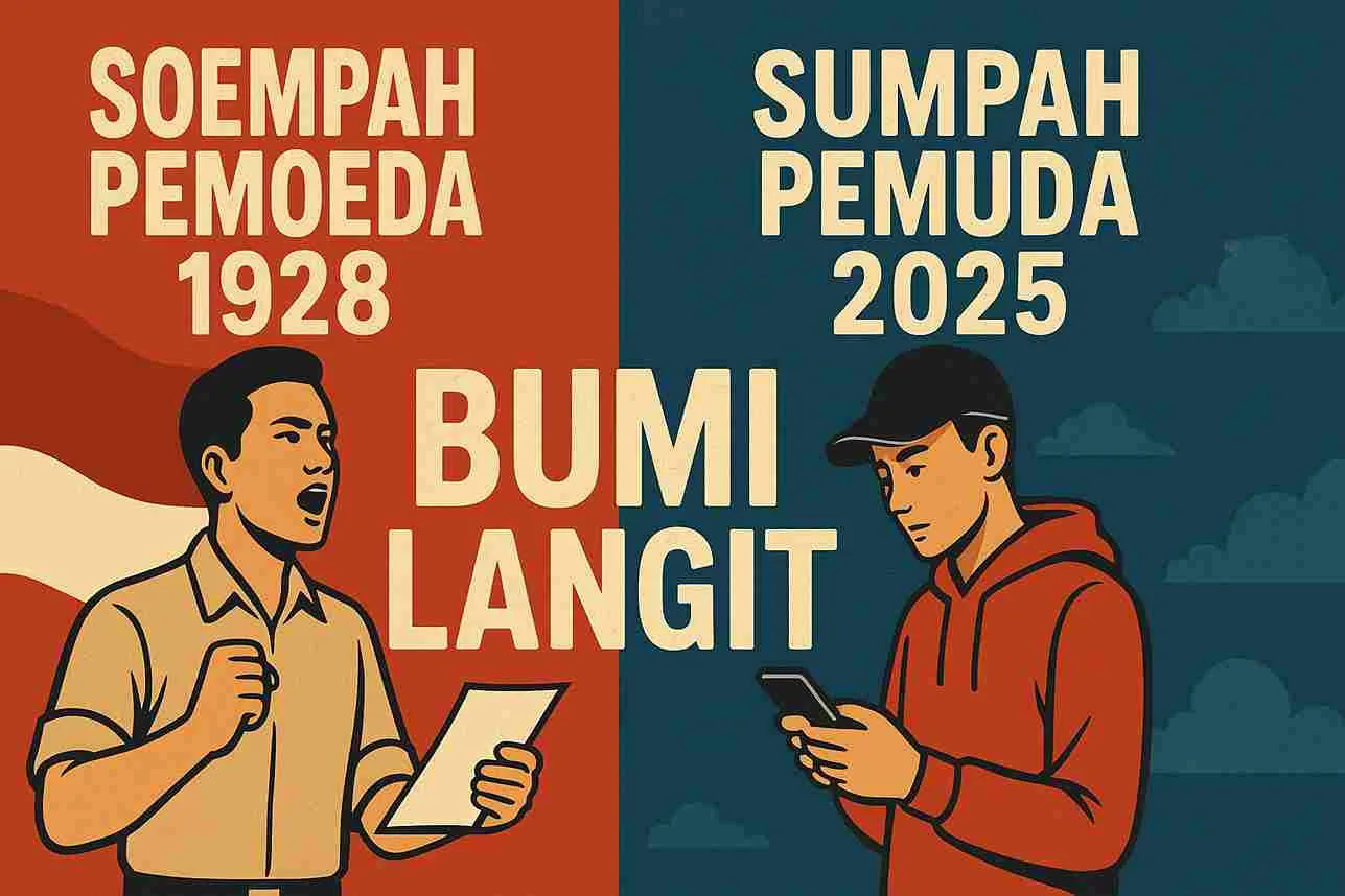 Ilustrasi dua generasi pemuda Indonesia: di kiri pemuda 1928 berpidato dengan semangat nasionalisme di depan bendera merah putih, di kanan pemuda 2025 menatap ponsel dengan latar biru modern bertuliskan “Bumi Langit”.